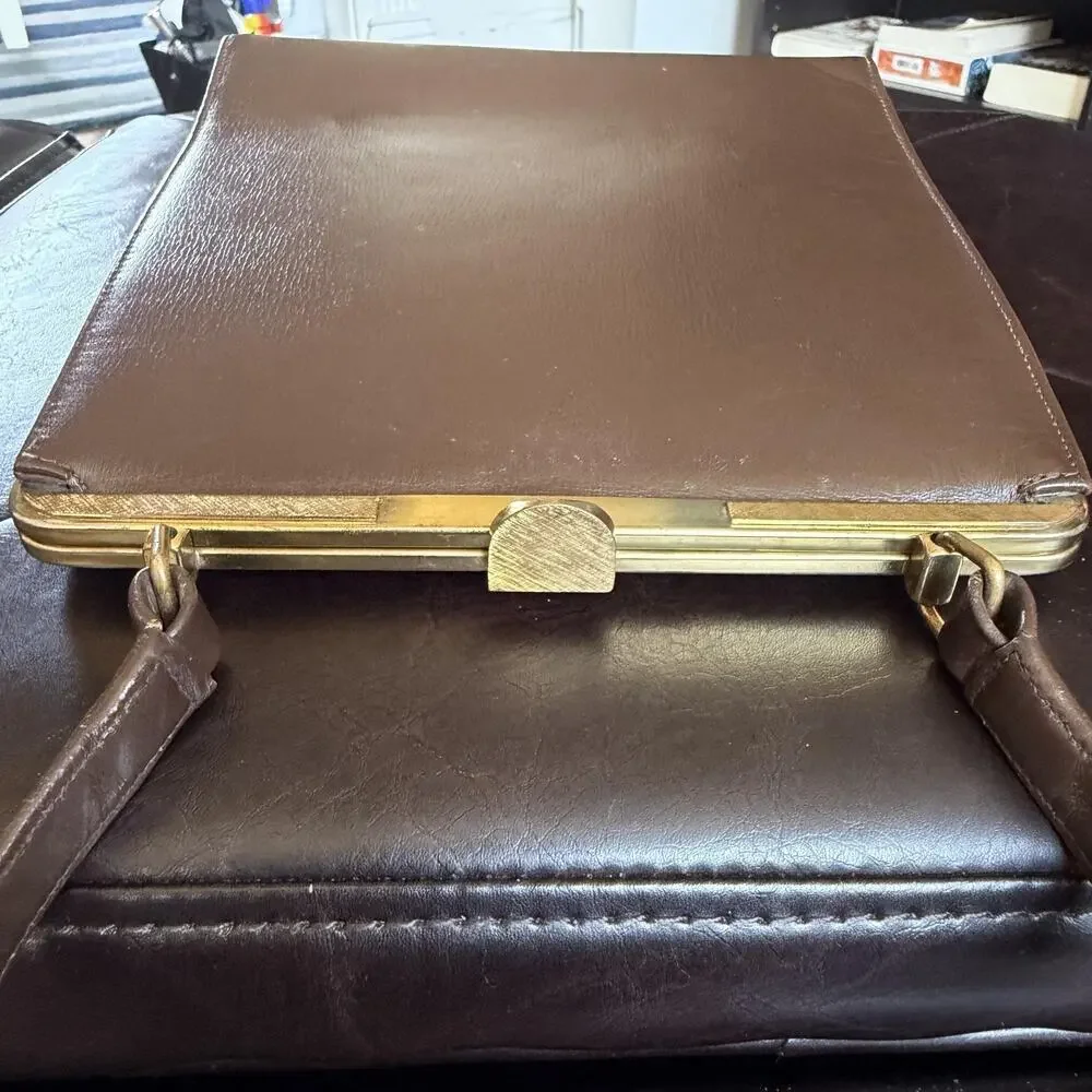 Vintage Block Top Handle Bag Womens Small Brown Leather Gold Frame Evening Purse